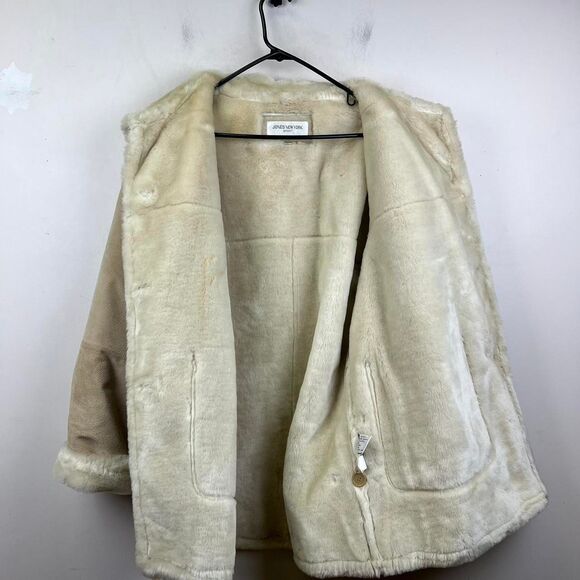 Jones New York Sport Beige Suede Leather Jacket Coat White Faux Fur Size M - Picture 3 of 8